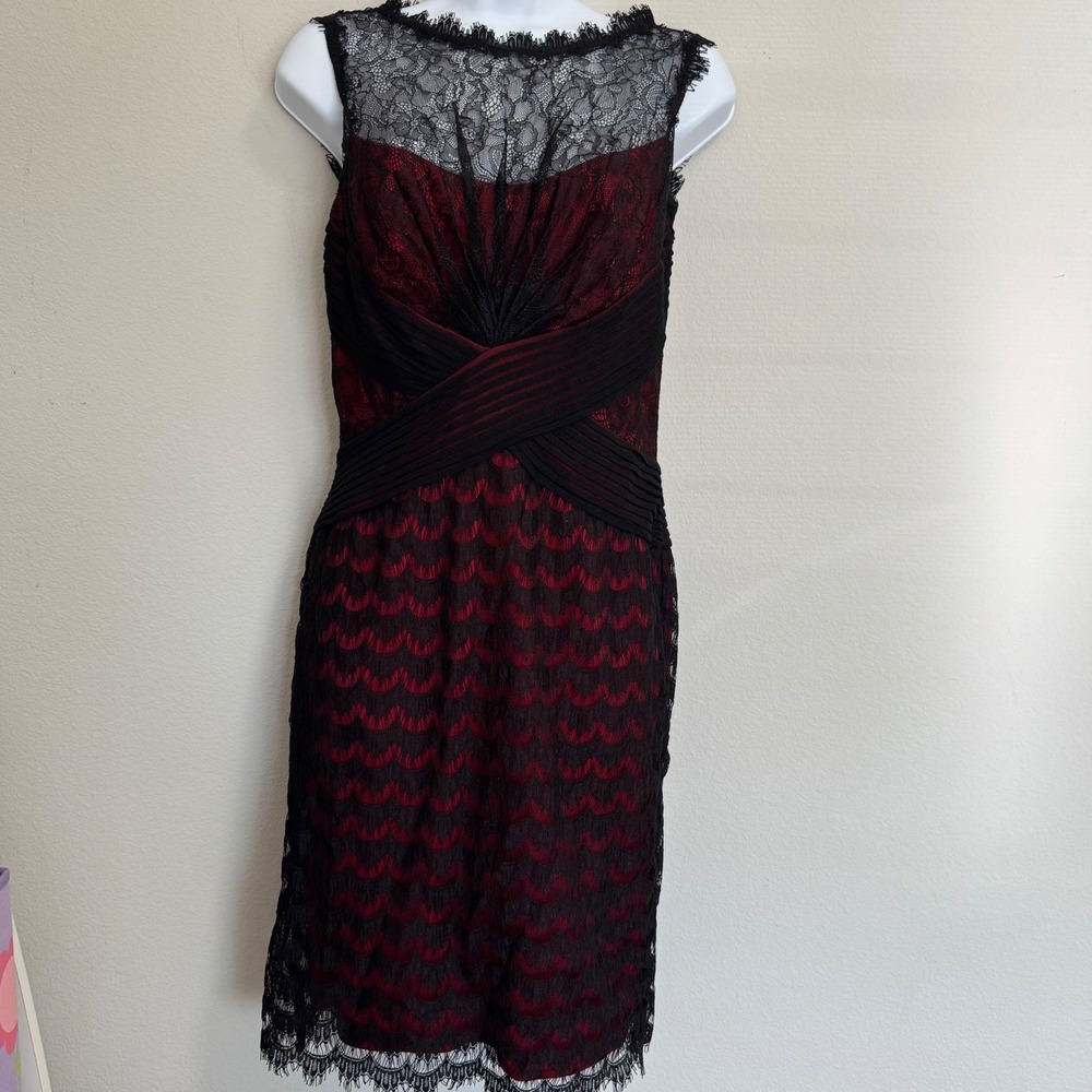 Tadashi Shoji Black Red Lace Sheath Cocktail Dress TD779M Size 2